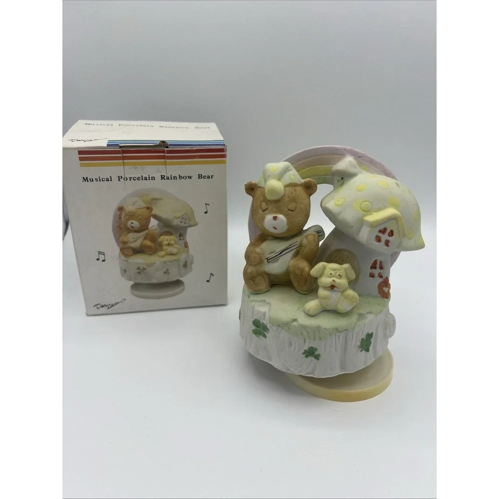 Vintage 1980s Musical Porcelain Rainbow Bear Rotating Music Box w/ Original Box